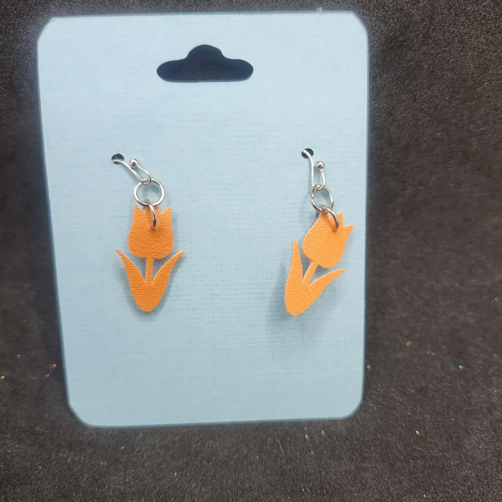 Hand Crafted Faux Leather Dangle Orange Tulip Earrings